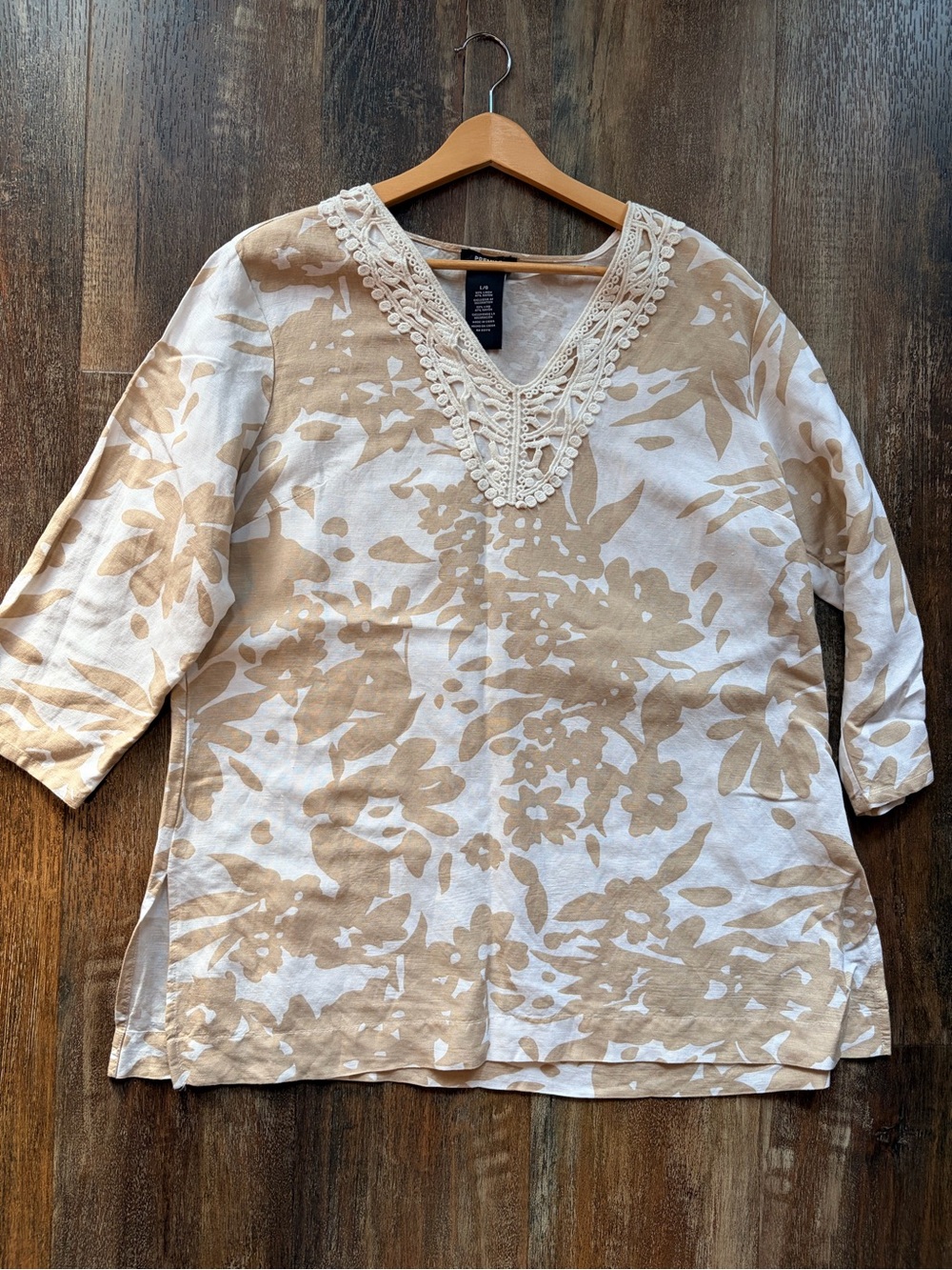 Premise Beige White Floral Linen Rayon Blouse | L | Boho Cottagecore Feminine